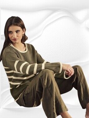 NEXT Striped Roll Edge Sweater ▪︎ Olive/Cream ▪︎ XL
